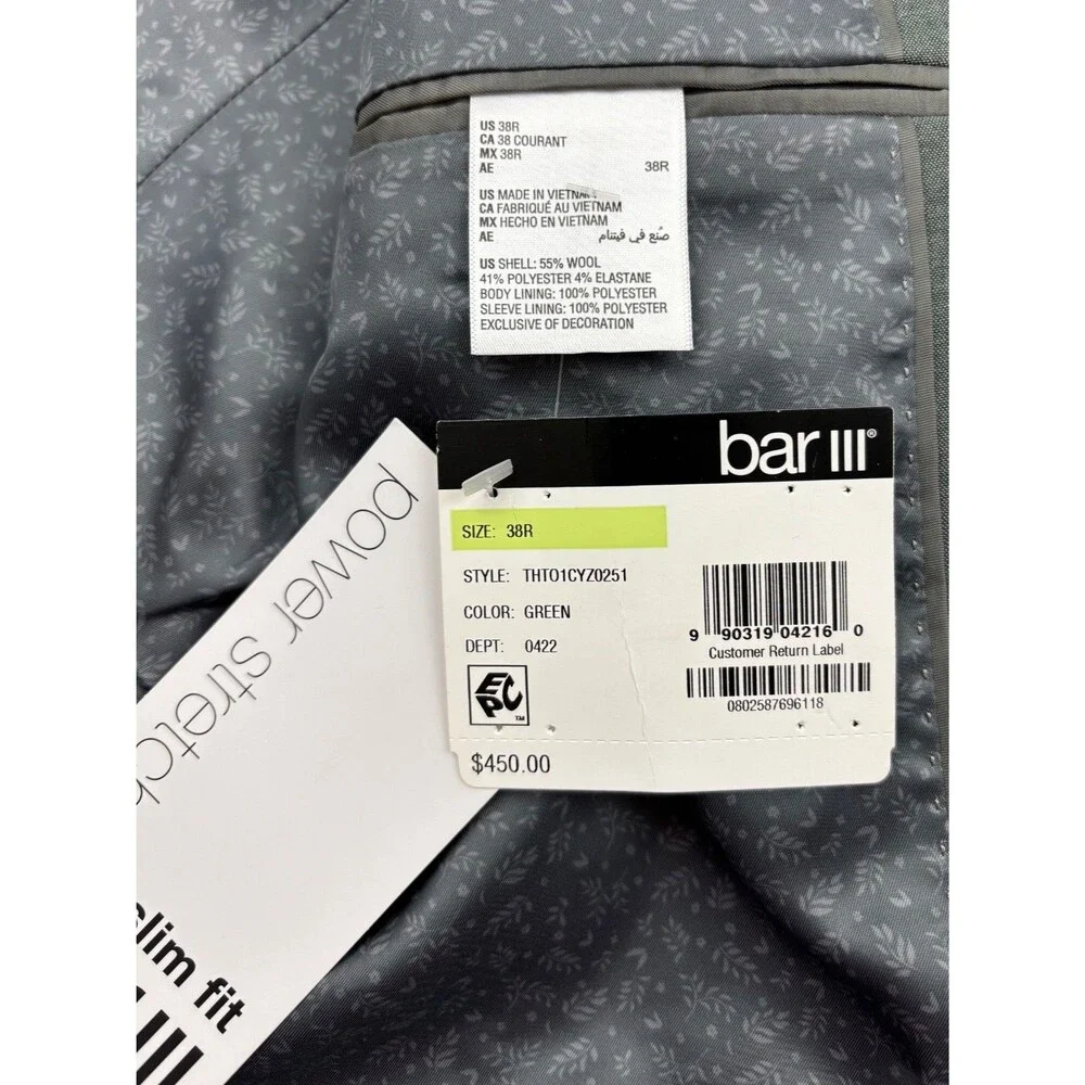 $625 NEW BAR III MENS 46R SOLID GREEN SLIM 2 PIECE SUIT WITH DRESS PANTS 30X30